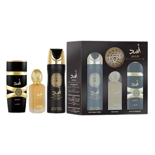 Asad by Lattafa 3pc Gift Set EDP 3.4 oz + Hair Mist + Perfumed Spray 6.67 oz for Men