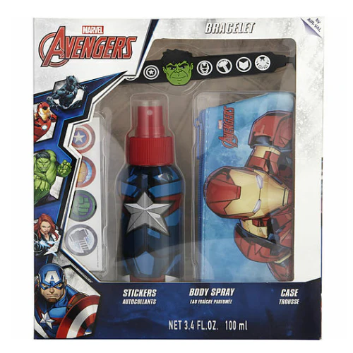 Avengers by Marvel 3pc Gift Set 3.4 oz Body Spray + Stickers + Case + Bracelet for Men