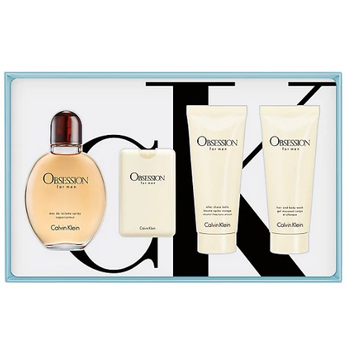 Obsession by Calvin Klein 4pc Gift Set 4.2 oz EDT + After Shave Balm + Body Wash Gel + Mini for Men