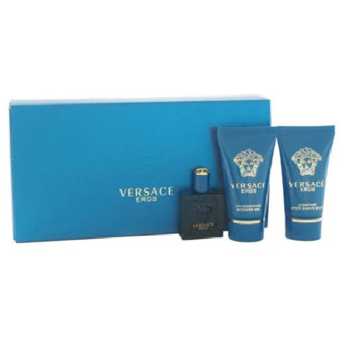 Versace Eros by Versace 3pc Mini Set EDT Cologne 0.17 oz + Shower Gel + After Shave Balm for Men